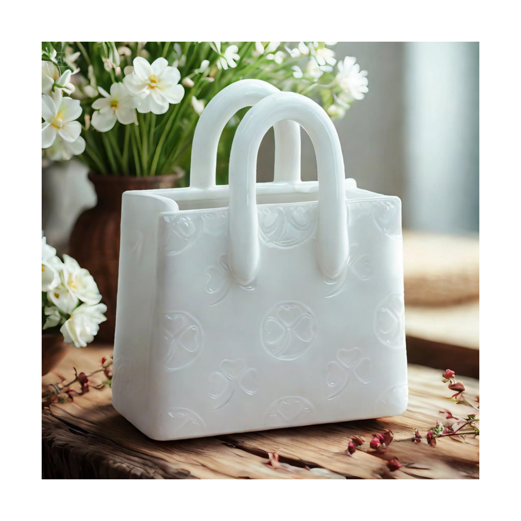 Handbag Shaped Ceramic Vase – White Small Decorative Vase with Clover Pattern, 5.9" L x 2.95" W x 7.08" H, Multi-Use for Flowers, Makeup Brushes & Pens, Elegant Gift for Women, Home & Wedding Decor