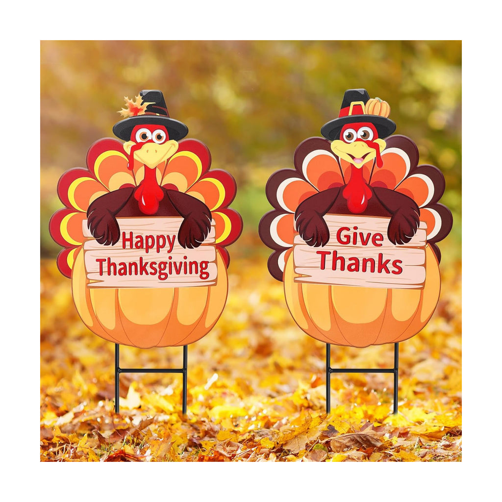 Whaline 2 Pack Fall Thanksgiving Metal Decorative Garden Stake Turkey Pumpkin Welcome Harvest Yard Sign Waterproof for Home Garden Yard Lawn Patio Backyard Walkway Decorations