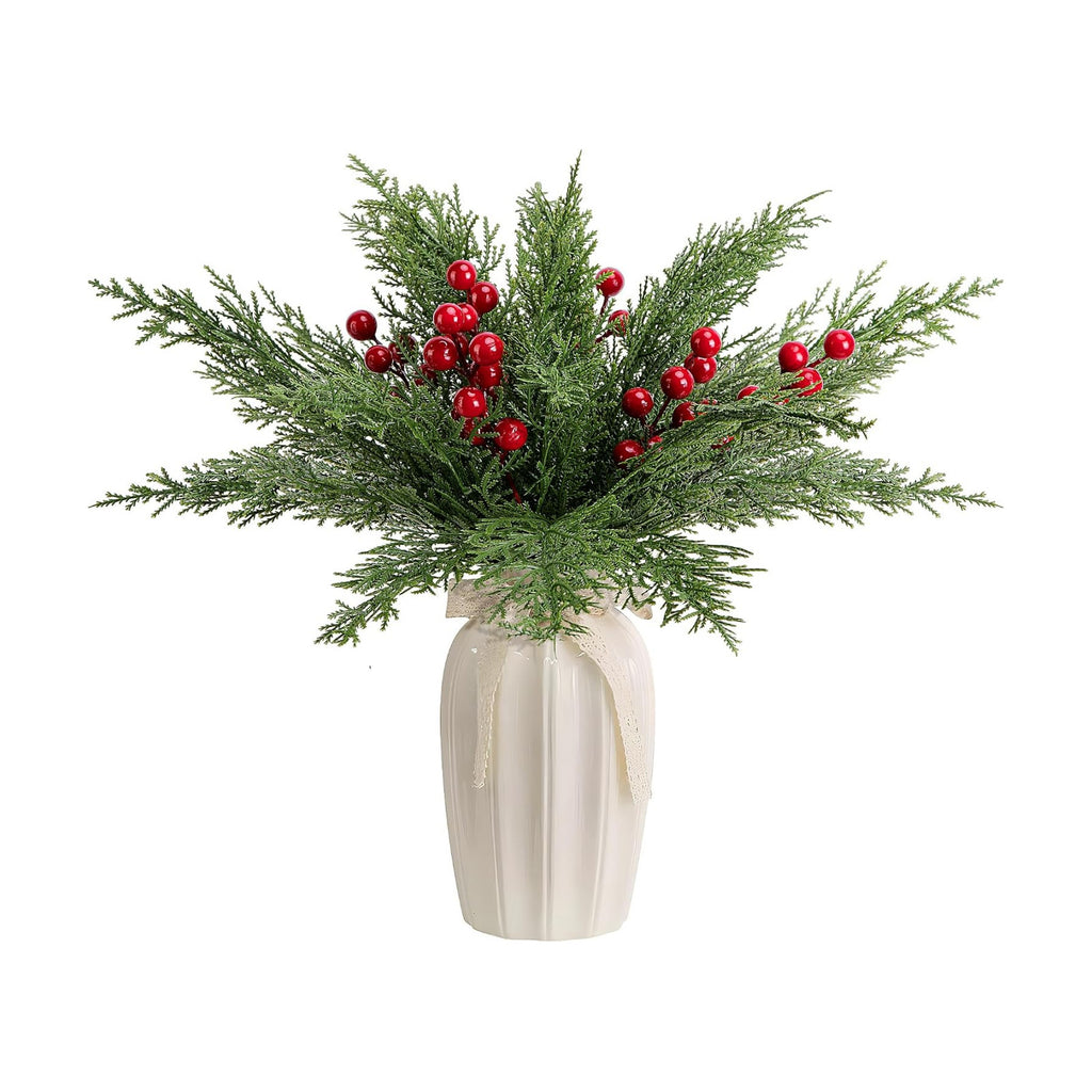 30 Pcs/Set Christmas 3D Artificial Pine Branches- 12.5 Inch Faux Evergreen Cedar Sprigs Branches- Fake Foliage Pine Needles Picks with Artificial Red Berry Stems for DIY Christmas Decoration