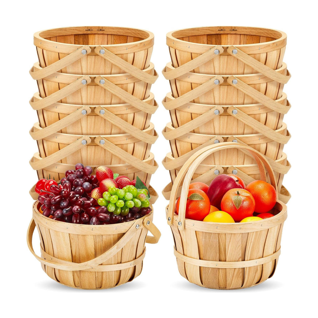 Marsui 10 Pcs Large Wooden Apple Basket 11 x 6.5'' Round Wicker Bushel Baskets with Handle, Farmers Market Basket for