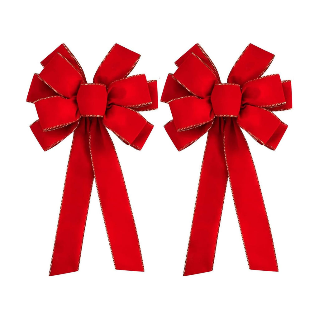 2 Pcs Large Christmas Bow, 31" x 11" Golden Edged Red Velvet Wreath Bow