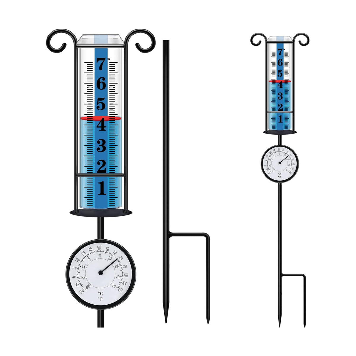JMBay Rain Gauge Outdoor with Thermometer, Rain Gauges Outdoors Best Rated, Large Font Rain Measure Gauge for Yard, Rain Water Meter with Thickened Plastic Tube and Duralbe Metal Stake for Patio,Lawn