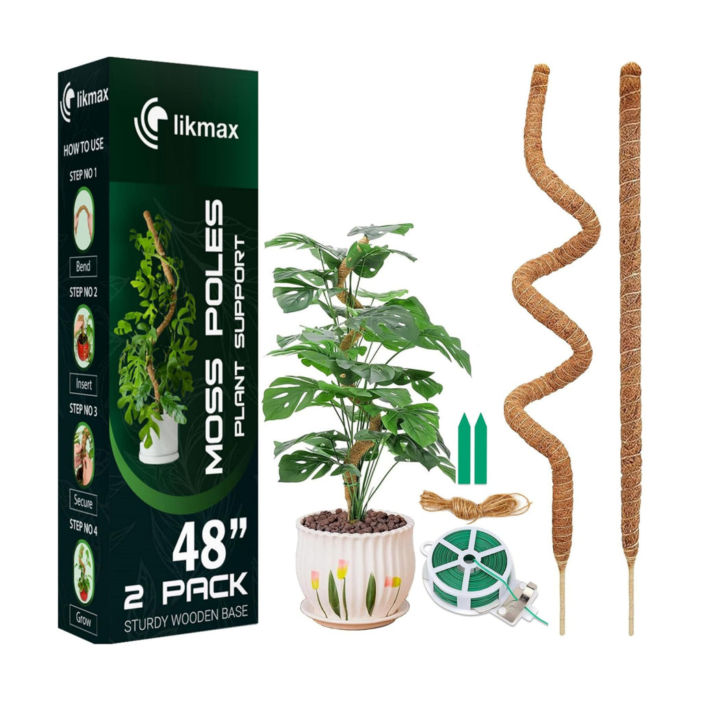 2-Pack 48'' Bendable Moss Poles for Monstera & Climbing Plants – Flexible Trellis Plant Support Stakes with Accessories
