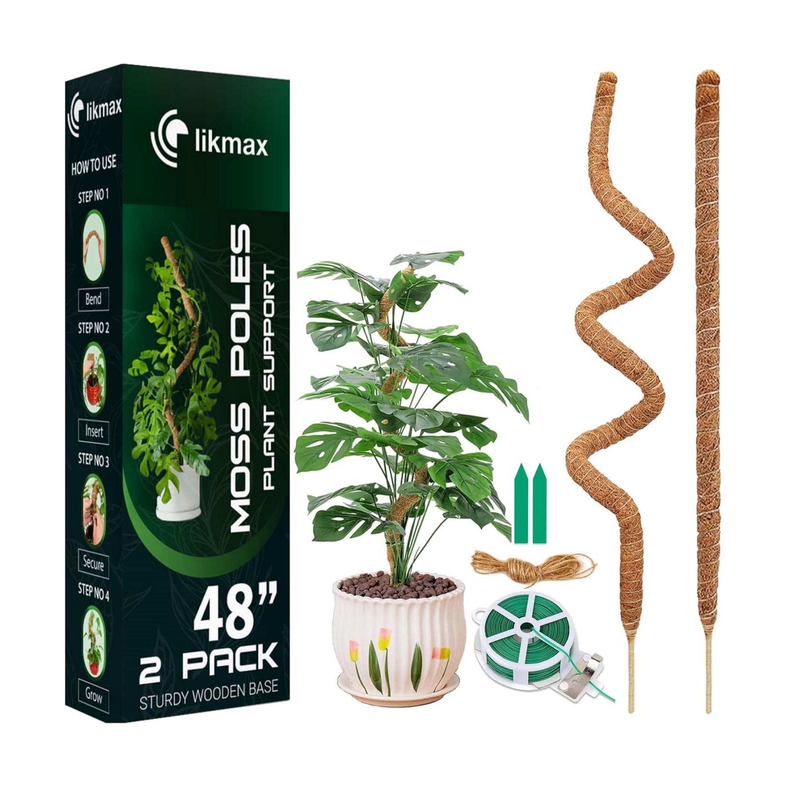 2-Pack 48'' Bendable Moss Poles for Monstera & Climbing Plants – Flexible Trellis Plant Support Stakes with Accessories