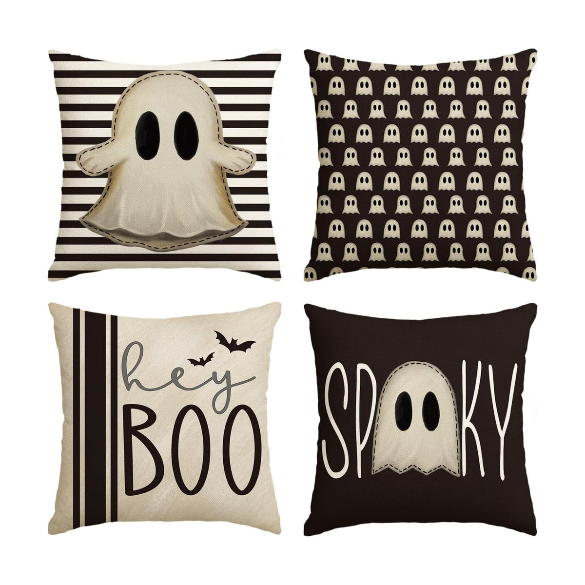 AVOIN colorlife Halloween Hey Boo Cute Ghost Spooky Throw Pillow Covers, 20 x 20 Inch Horror Scary Cushion Case for Sofa Couch Set of 4, Black
