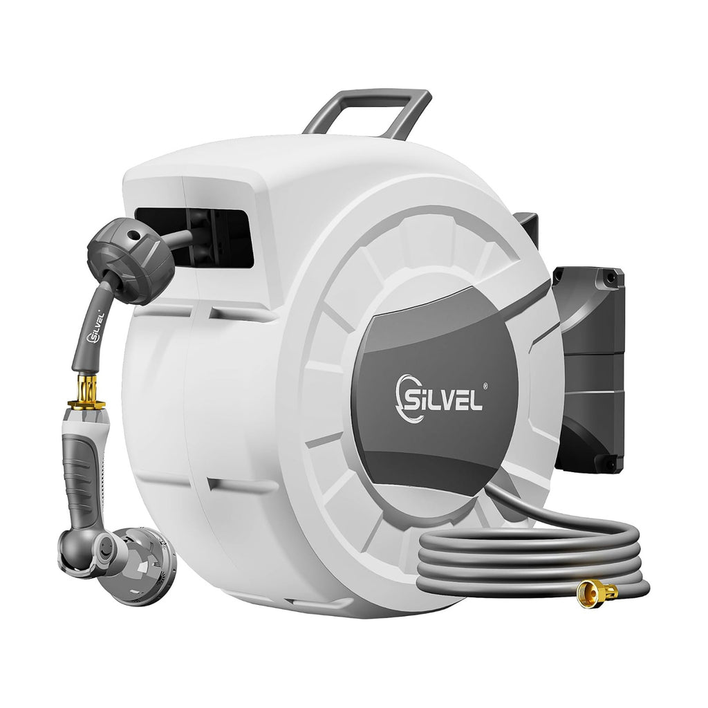 Retractable Garden Hose Reel, 1/2" x 100ft Wall Mount Heavy Duty Automatic Hose Reel with 10 Pattern Nozzle, Any Length