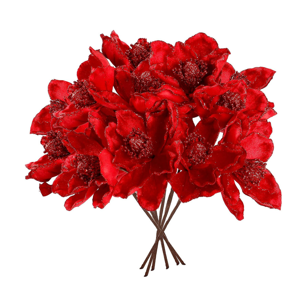 Sggvecsy 10Pcs Christmas Glitter Flowers Christmas Tree Ornaments Artificial Poinsettia Flower Velvet Magnolia Stems Floral Picks for Xmas Wedding DIY Crafts Wreath Party Floral Decorations (Red)