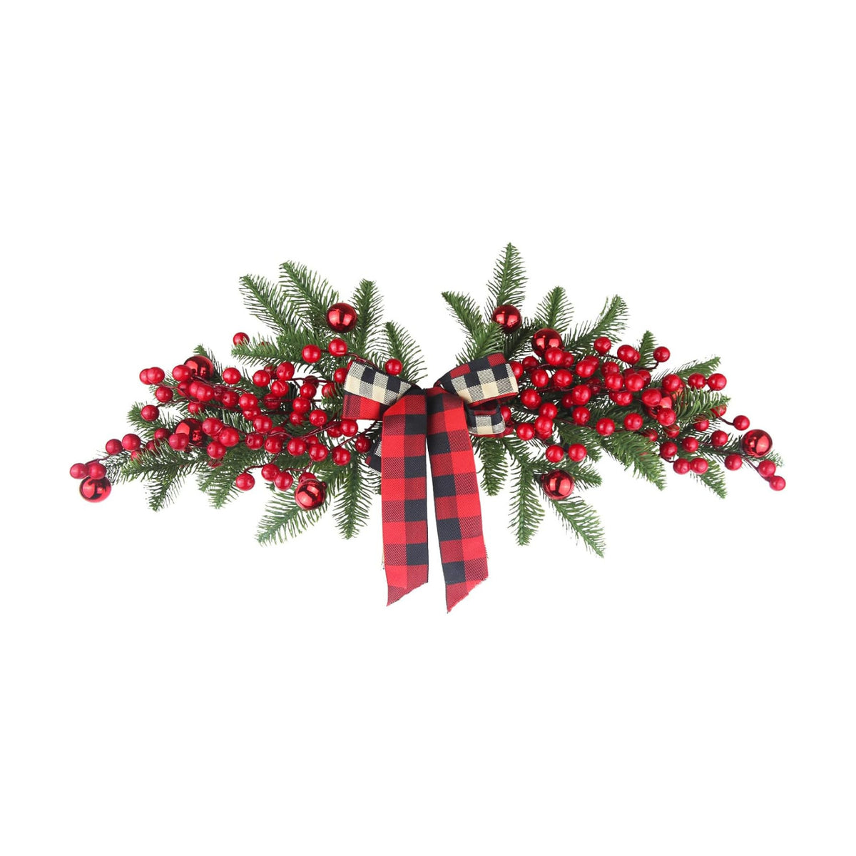 CITYES Christmas Swag Decoration Floral Swag with Berries and Ribbon Bows Christmas Balls 27.56 Inch Greenery Christmas Swag Xmas Door Swag for Front Door Festival Decor Wall Arch Window