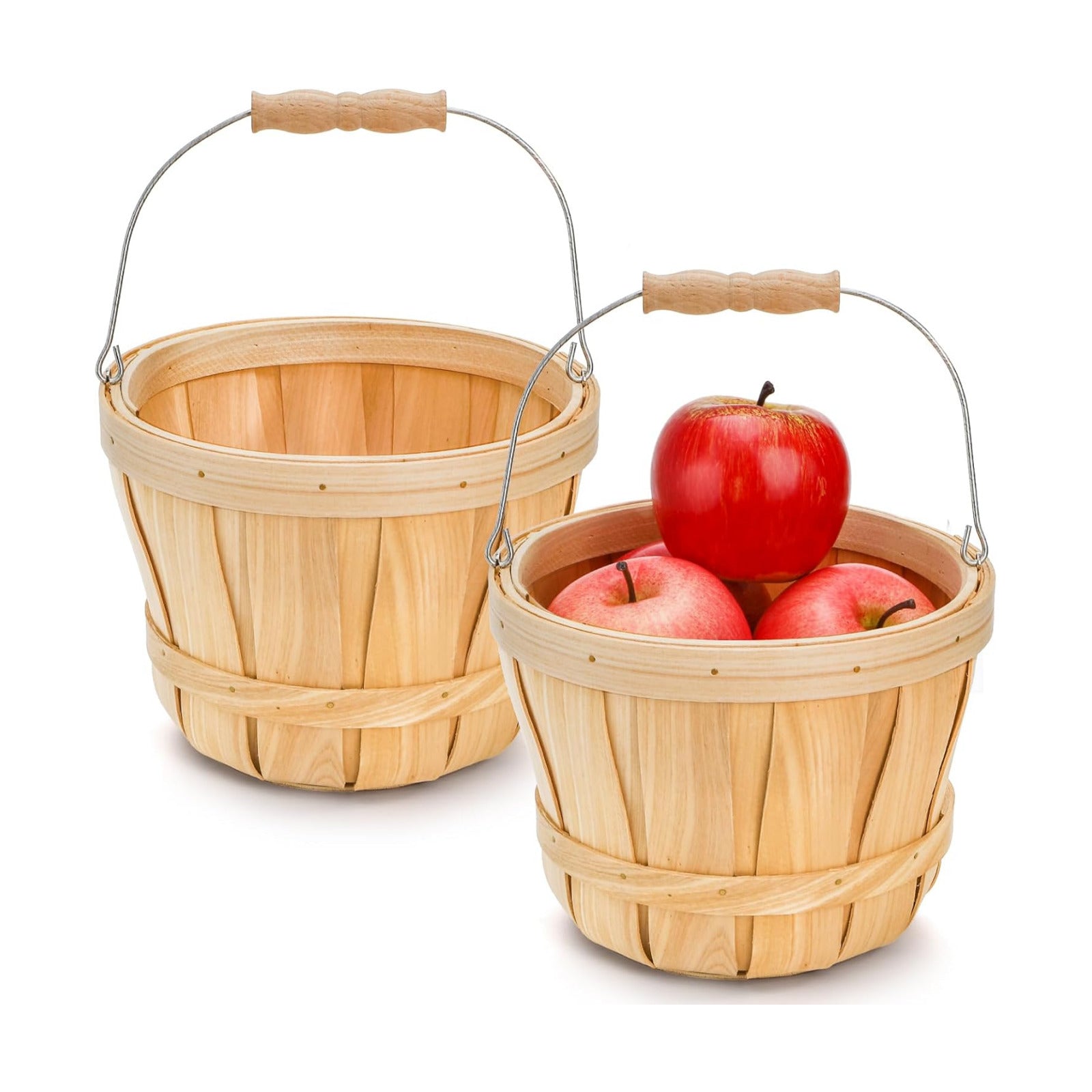 Okllen 2 Pack Round Wooden Baskets with Handle, Empty Wood Fruit Buckets, Easter Basket Fall Harvest Basket for Display