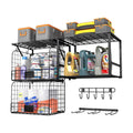 ThreeHio Garage Shelf Wall Mounted with Wire Baskets, Heavy Duty Garage Wall Shelving with Garden Tool Rack and Hooks