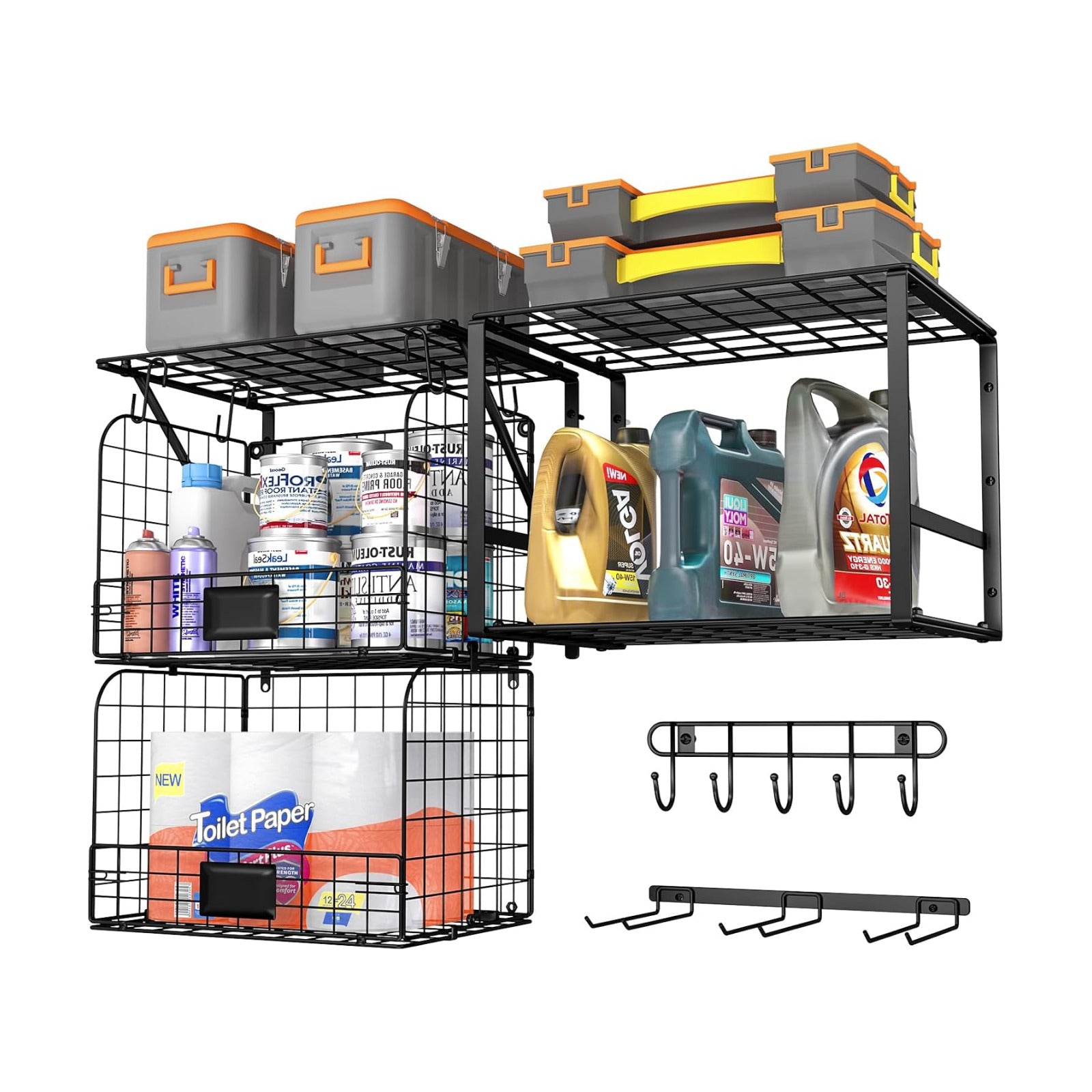 ThreeHio Garage Shelf Wall Mounted with Wire Baskets, Heavy Duty Garage Wall Shelving with Garden Tool Rack and Hooks
