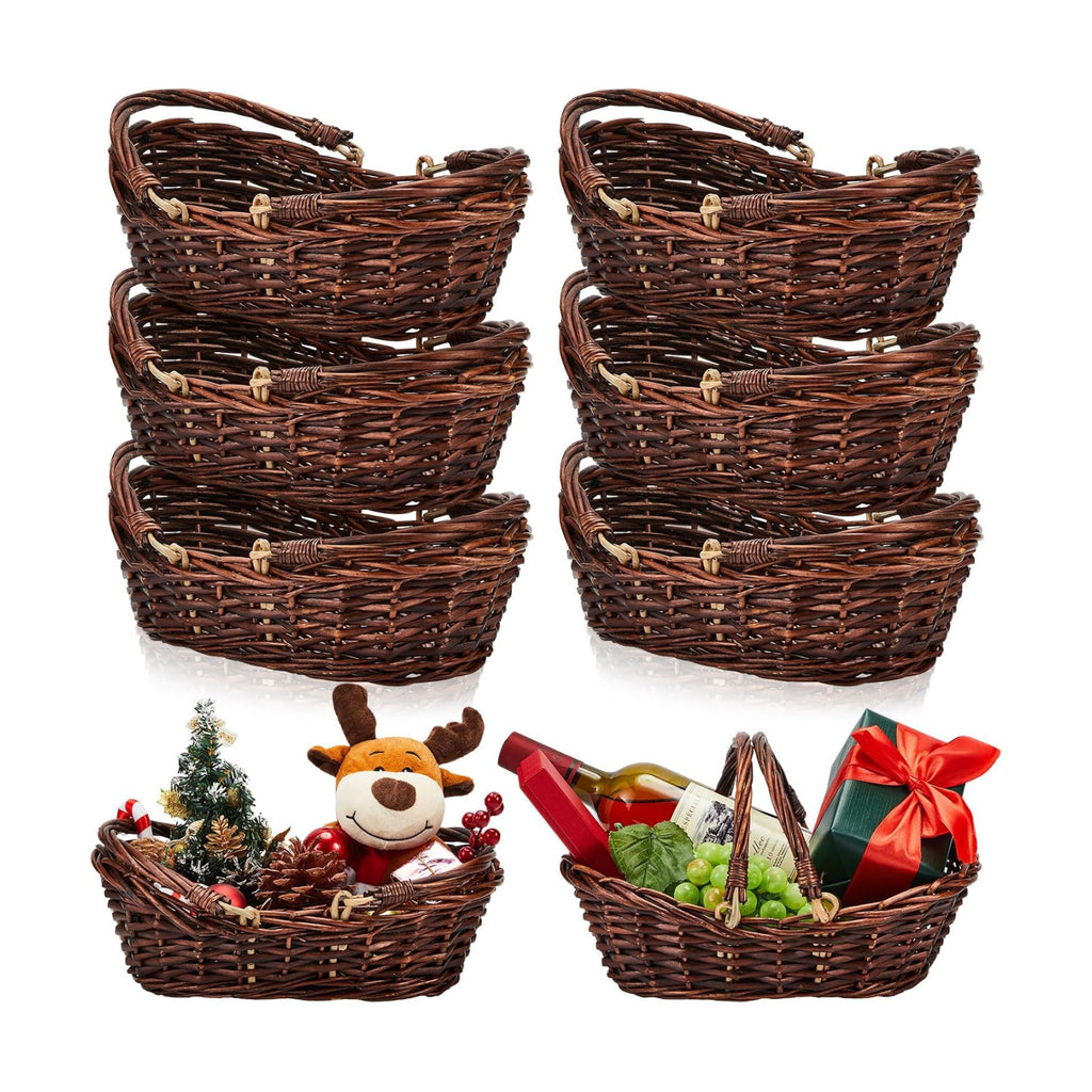 Sintuff 6 Pcs Wicker Picnic Baskets with Handles, Willow Woven,Dark Brown | Woven Harvest Empty Basket Bulk, Storage
