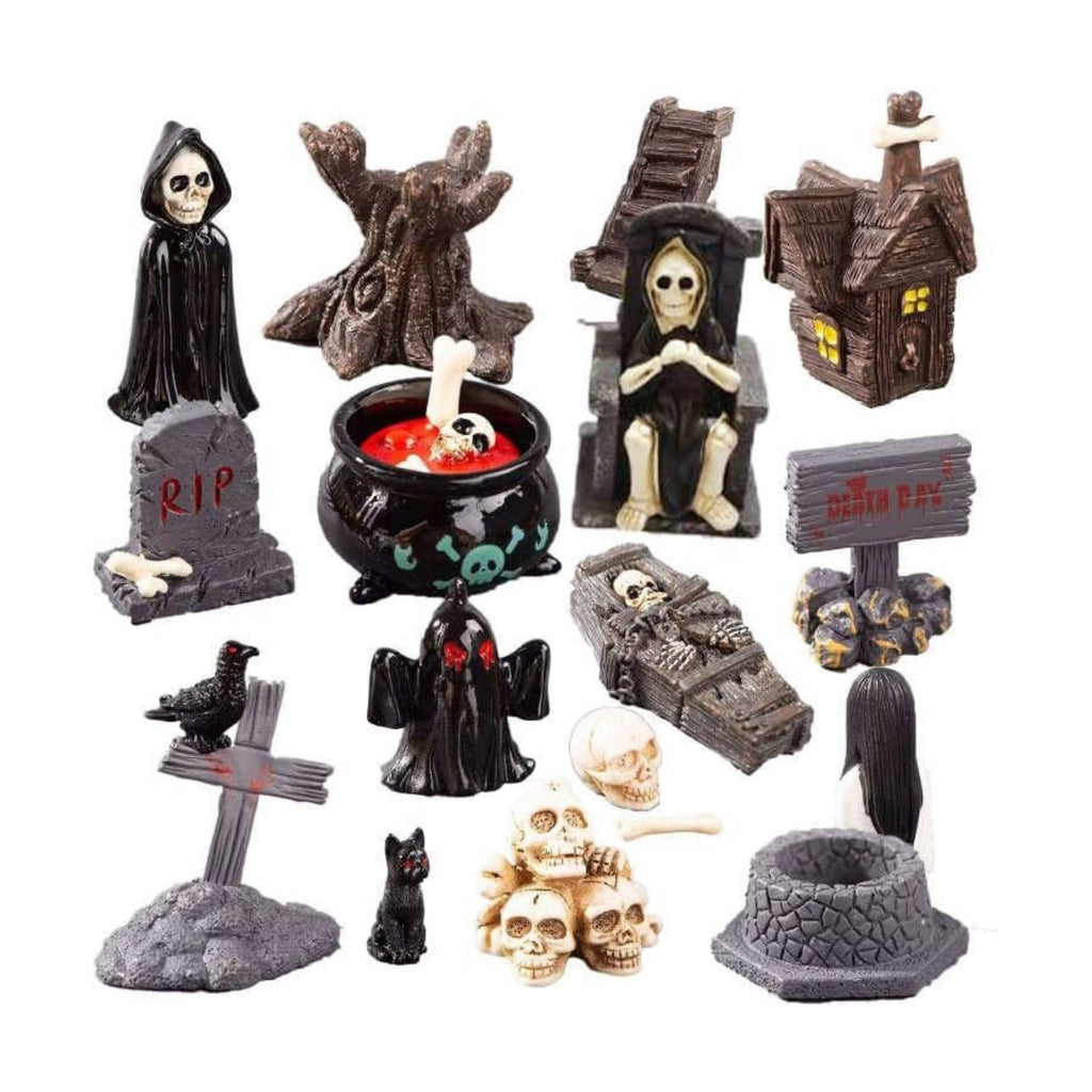 Tahonuss 19pcs Halloween Mini Figurines Creative Miniature Skull Heads Crow Tombstone Scene Ornaments Set Halloween Horror Village Collections Resin Crafts for Party Favors Fillers Tabletop Decor (A)