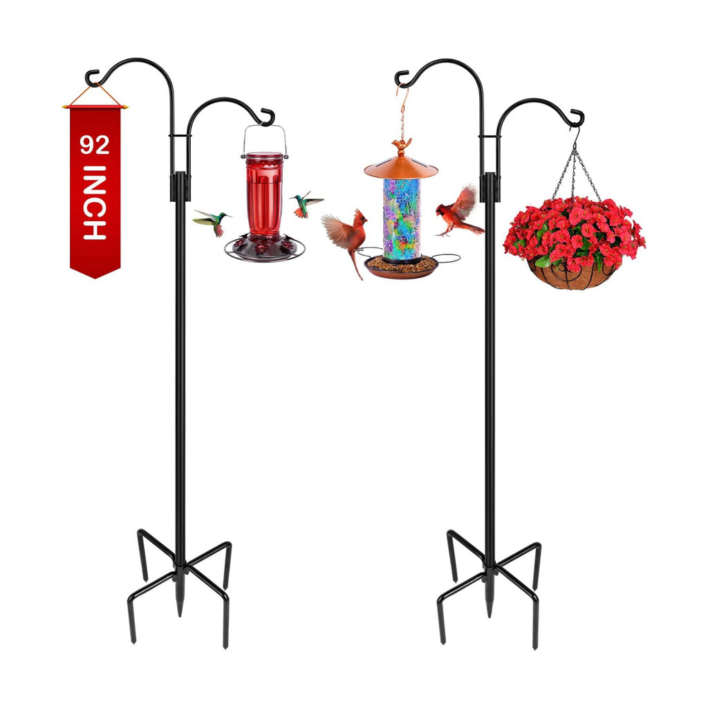 XDW-GIFTS Double Shepherds Hooks for Outdoor, 2-Pack Heavy Duty Garden Pole for Hanging Bird Feeder, Plant Baskets, Solar Light Lanterns, Garden Plant Hanger Stands with 5 Base Prongs