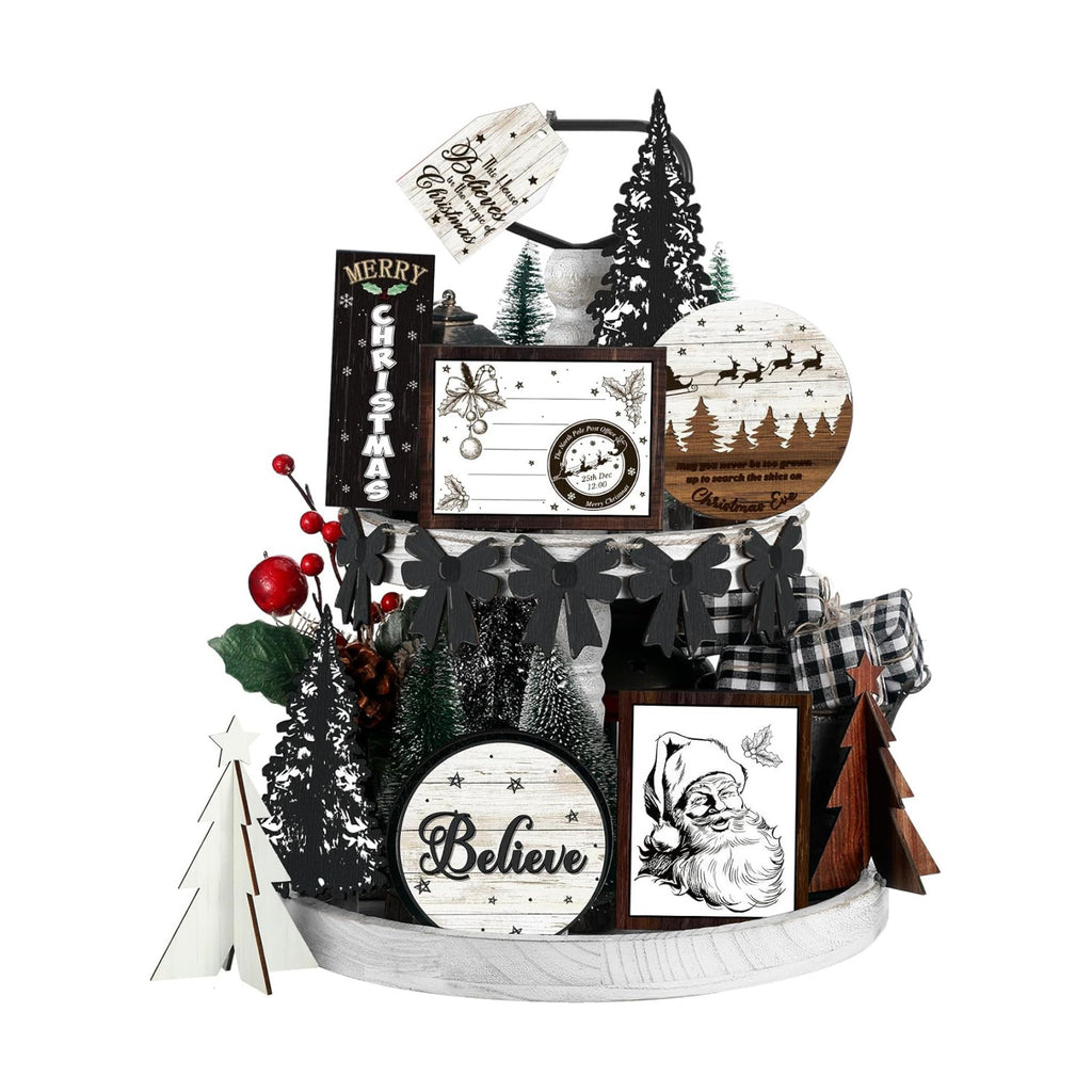 FairySandy 15 Pcs Christmas Tiered Tray Decor Christmas Wooden Sign Decor
