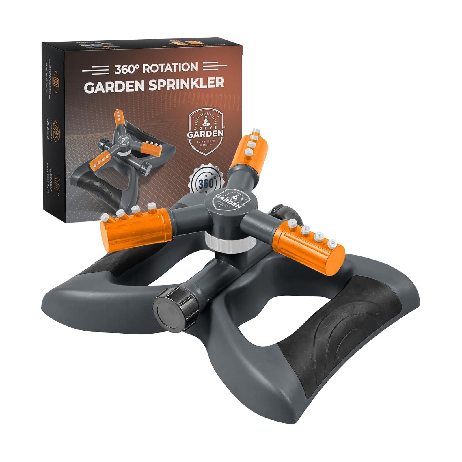 Joeys Sprinkler for Yard, Rotating Garden Sprinkler for Large Area Coverage, Lawn and Yard Sprinklers (Orange)