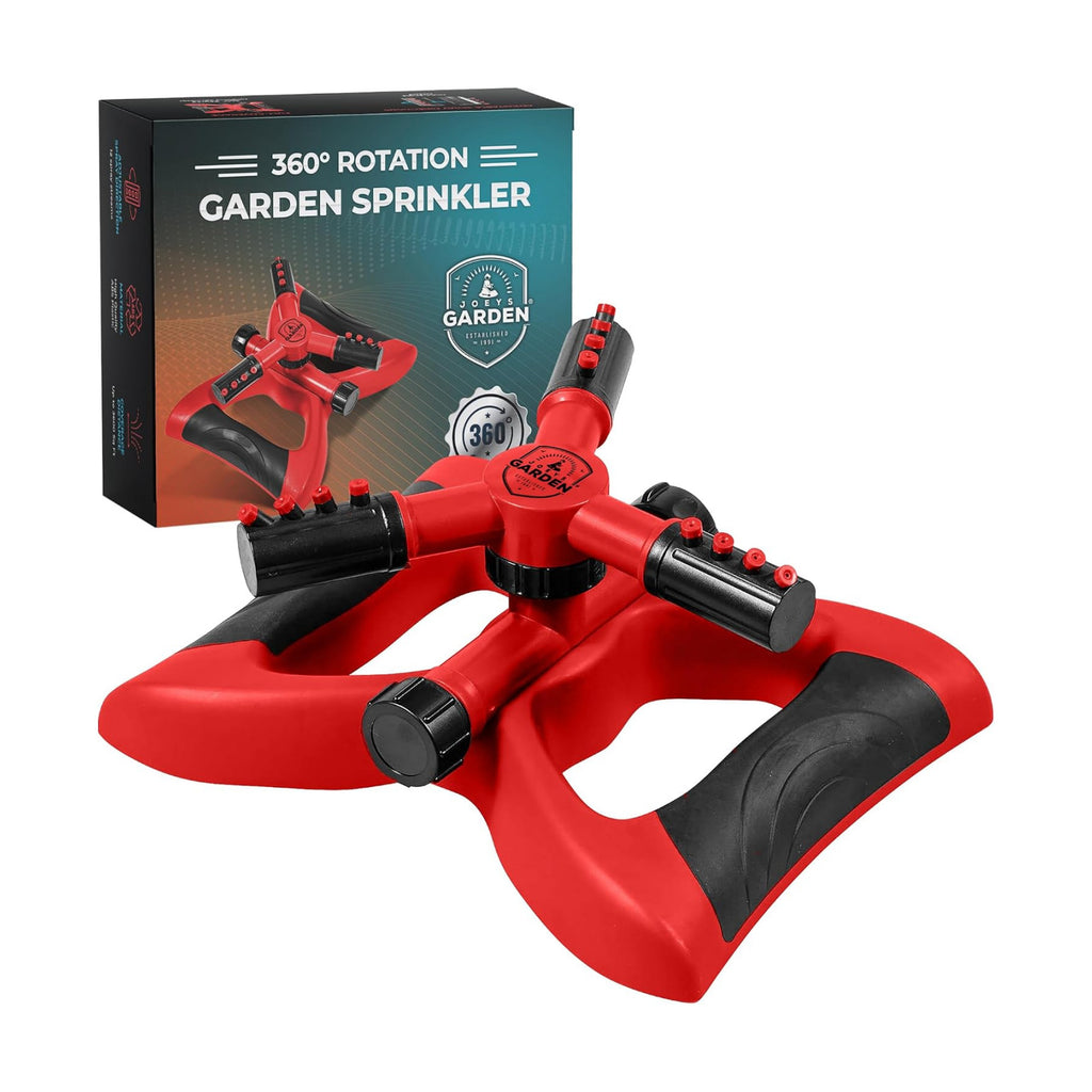 Joeys Sprinkler for Yard, Rotating Garden Sprinkler for Large Area Coverage, Lawn and Yard Sprinklers (Red)
