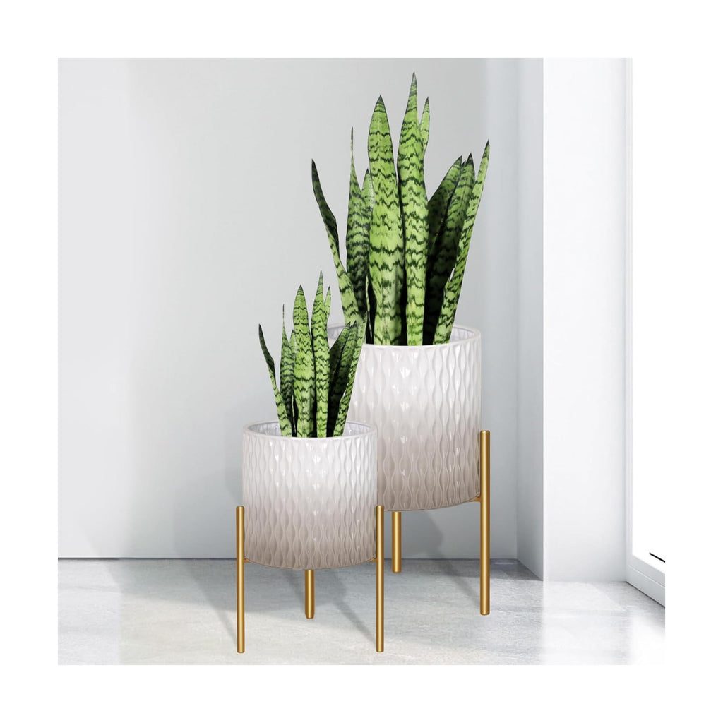ARNIS Plants Pots with Stand, Set of 2 Indoor Planter Pots, Unique Mid Century Decorative Metal Flower Pots with