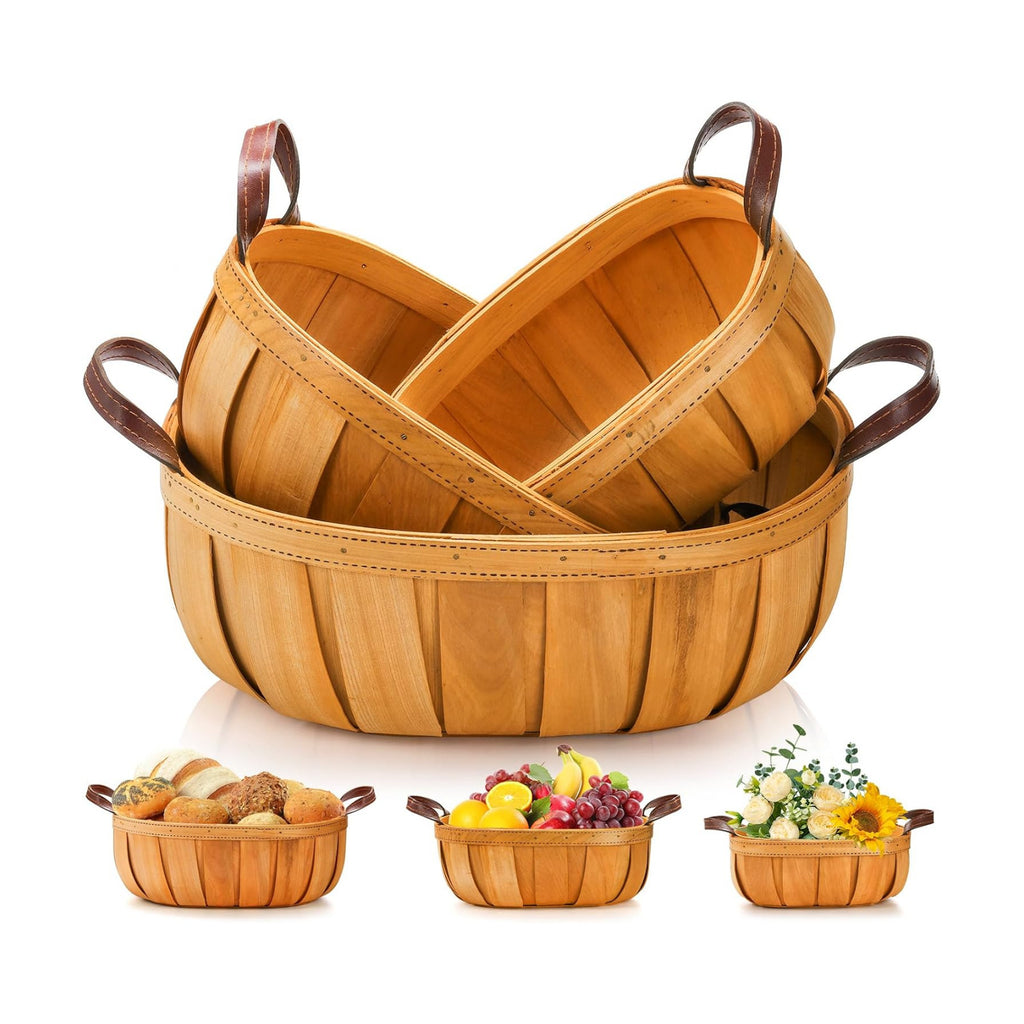 Goaste 3 Pack Wooden Bread Baskets, Wood Chip Picnic Basket with Handles, Handmade Woven Harvest Basket Holder, Rustic