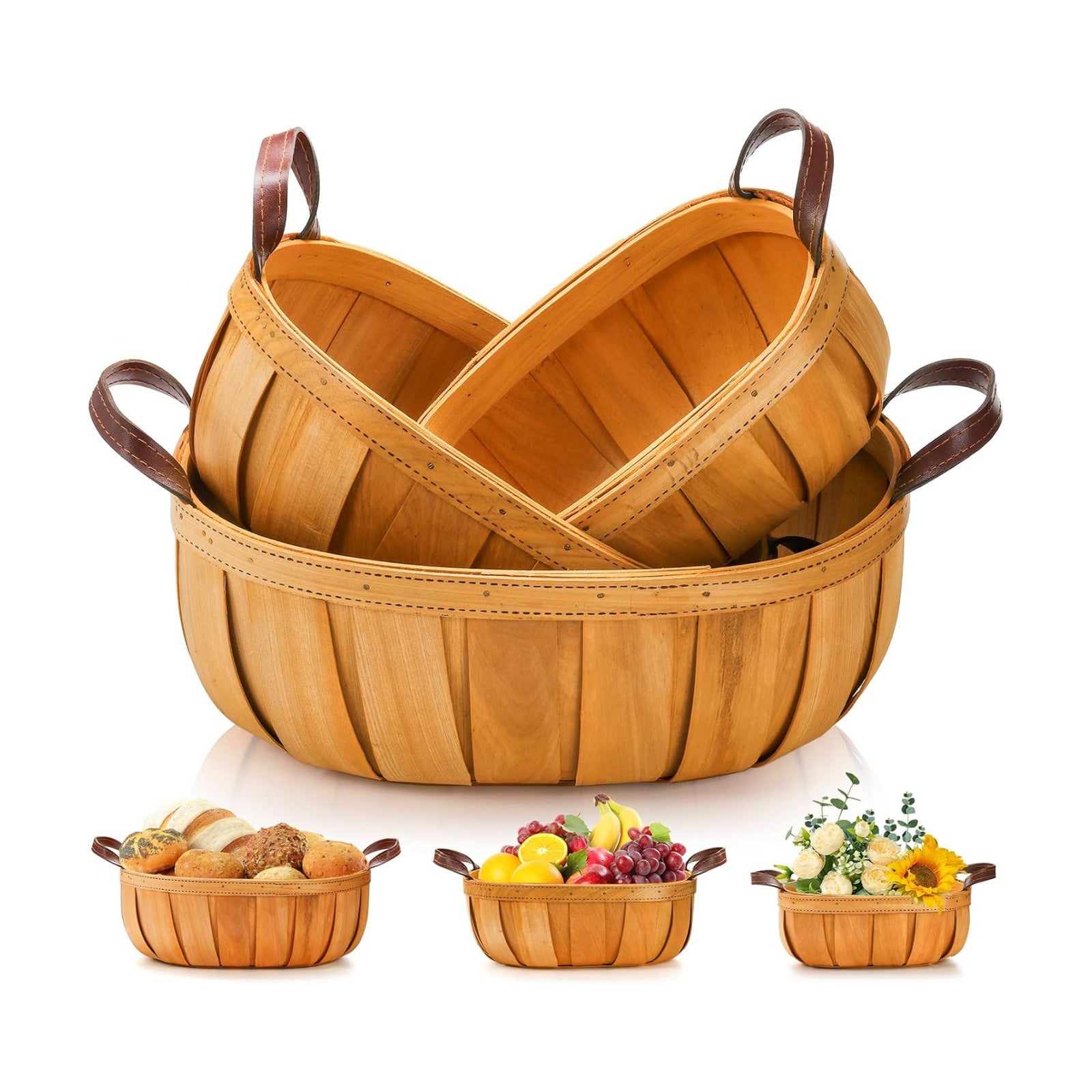 Goaste 3 Pack Wooden Bread Baskets, Wood Chip Picnic Basket with Handles, Handmade Woven Harvest Basket Holder, Rustic