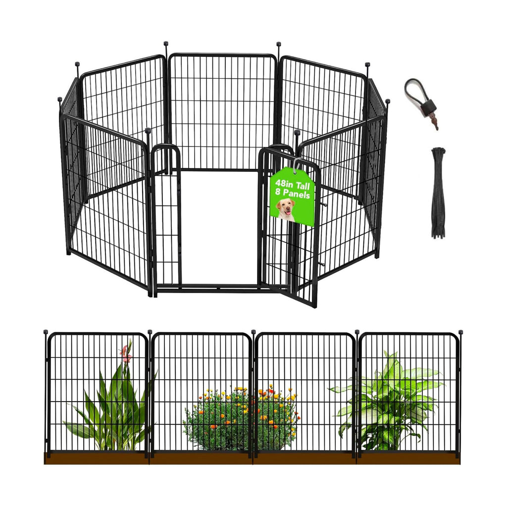 48 in(H) Decorative Garden Fence with Gate,8 Panels Total 17.7 Ft(L) Heavy Duty Iron Animal Barrier Fence for