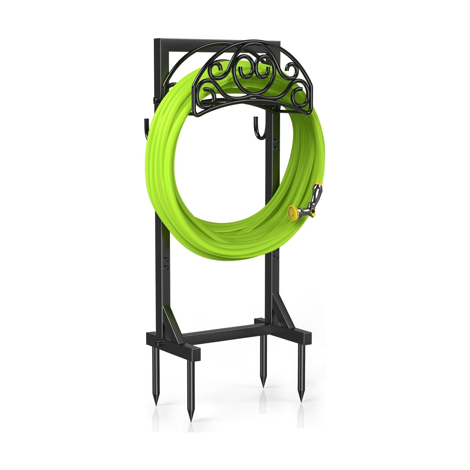 Freestanding Garden Hose Stand, Heavy Duty Water Hose Holder with Tool Hooks, 4 Anchoring Spikes, 150 ft Storage for