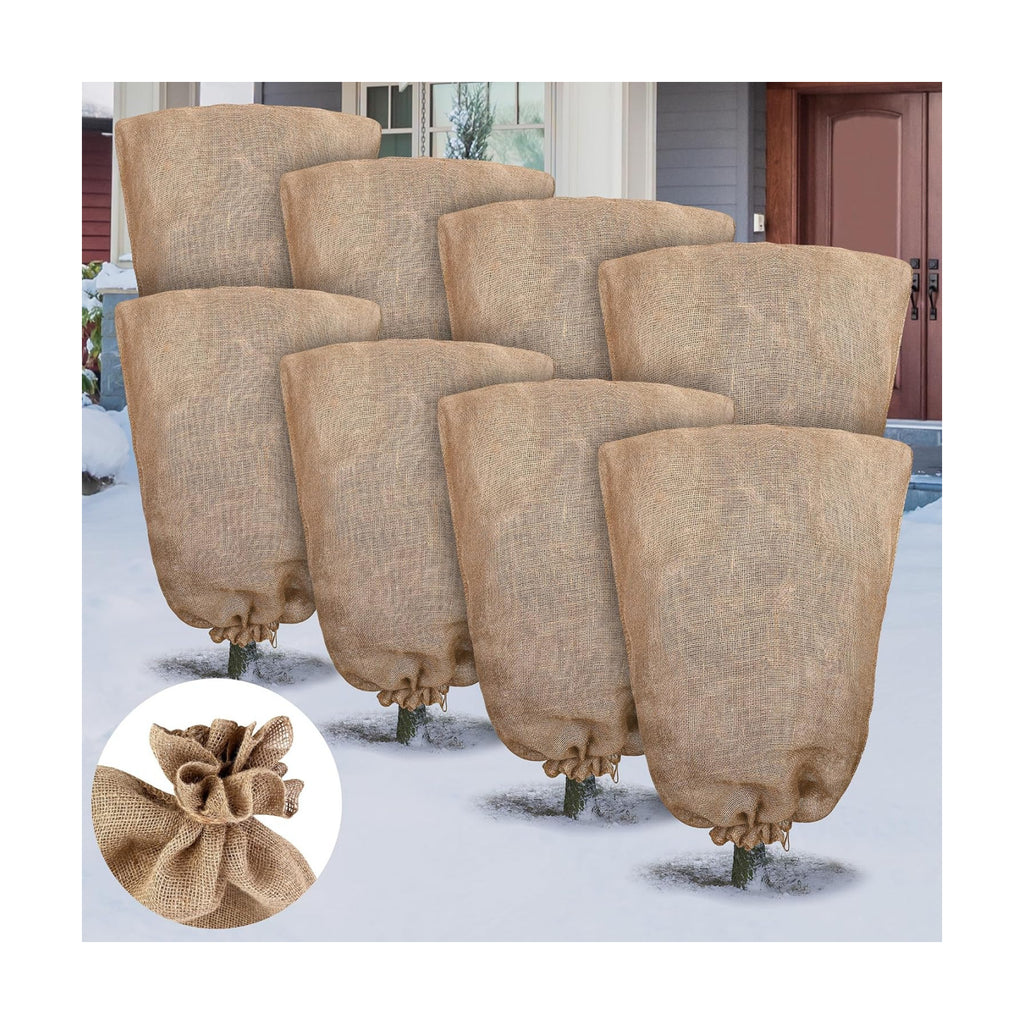 Hahood 8 Packs Winter Burlap Plant Covers Bags 23.6 x 39.4 Inch Large Burlap Sack Plant Blanket with Drawstring