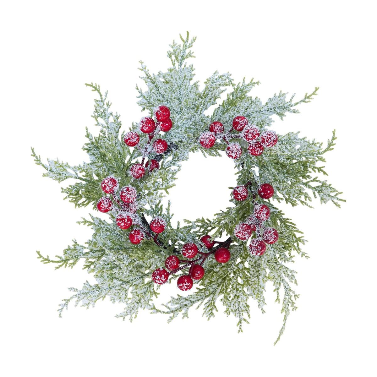 Winlyn 4 Pcs Artificial Snowy Cedar Candle Rings Red Berry Christmas Candle Holder Wreath Rings Mini Snowy Christmas Wreaths Faux Cedar Twigs Wreath 12.2” Wide for Winter Wedding Holiday Table Décor