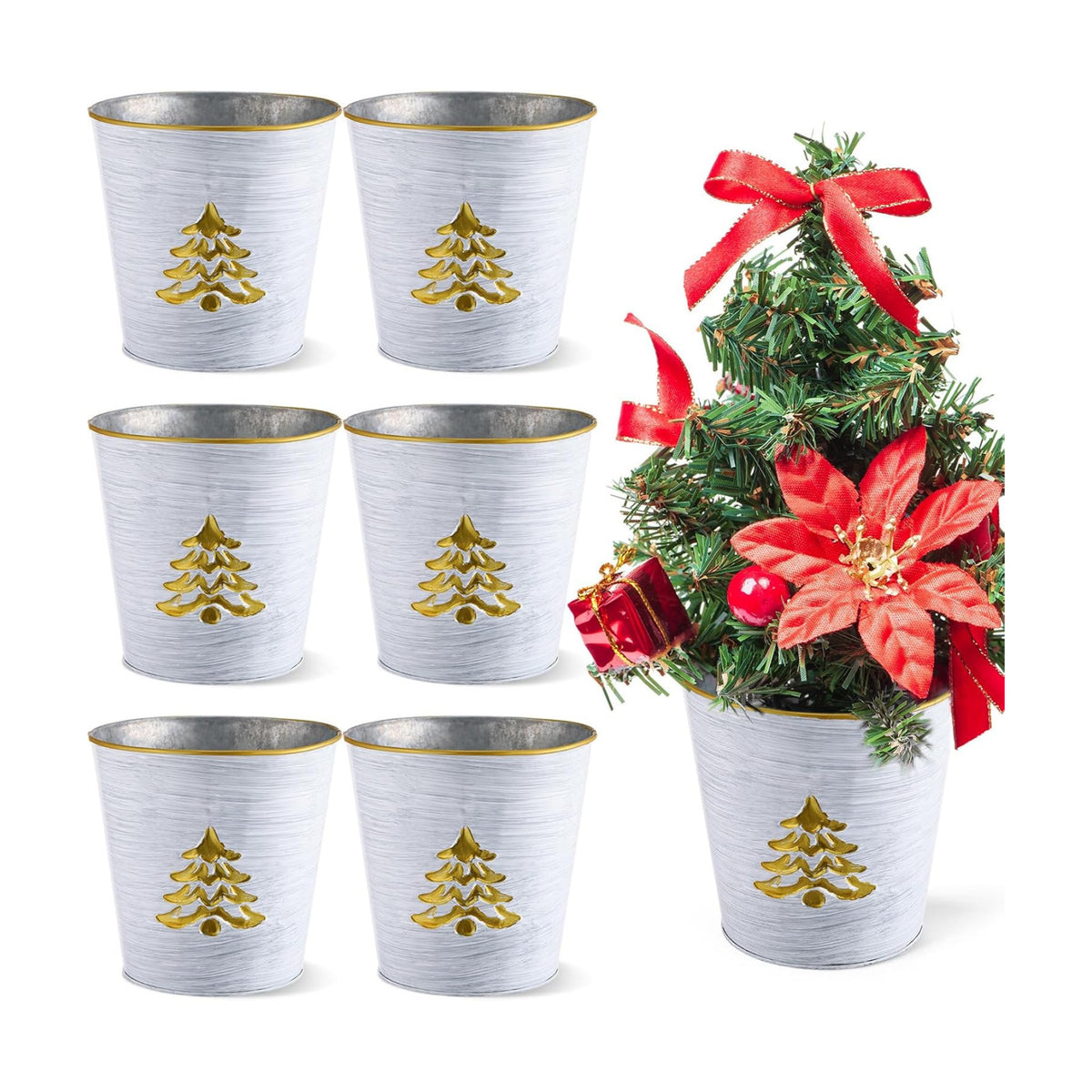 Zhehao 6 Pcs Christmas Galvanized Bucket 5.9'' Metal, Tree Style