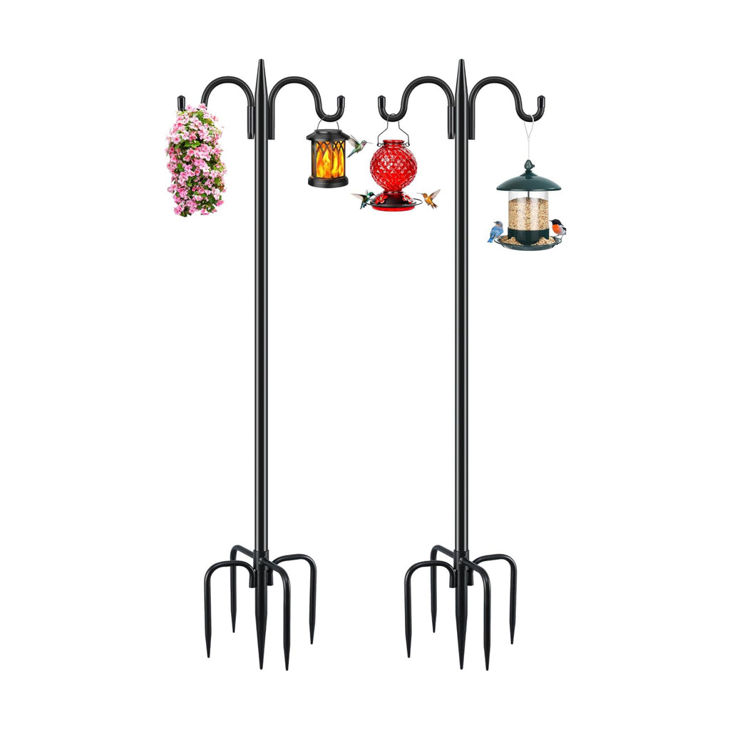 Gtongoko Bird Feeder Pole for Outdoors Heavy Duty, 2 Pack 77 Inch Double Shepherds Hook with 5-Prong Stable Base, 3/4 Inch Thick Hummingbird Feeder Stand for Hanging Plants, Lanterns