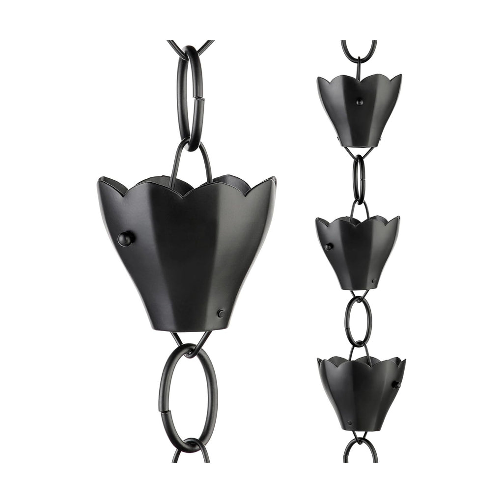 13 Cup Tulip Black Aluminum 8.5 ft. Rain Chain with Gutter Installation Clip by Good Directions