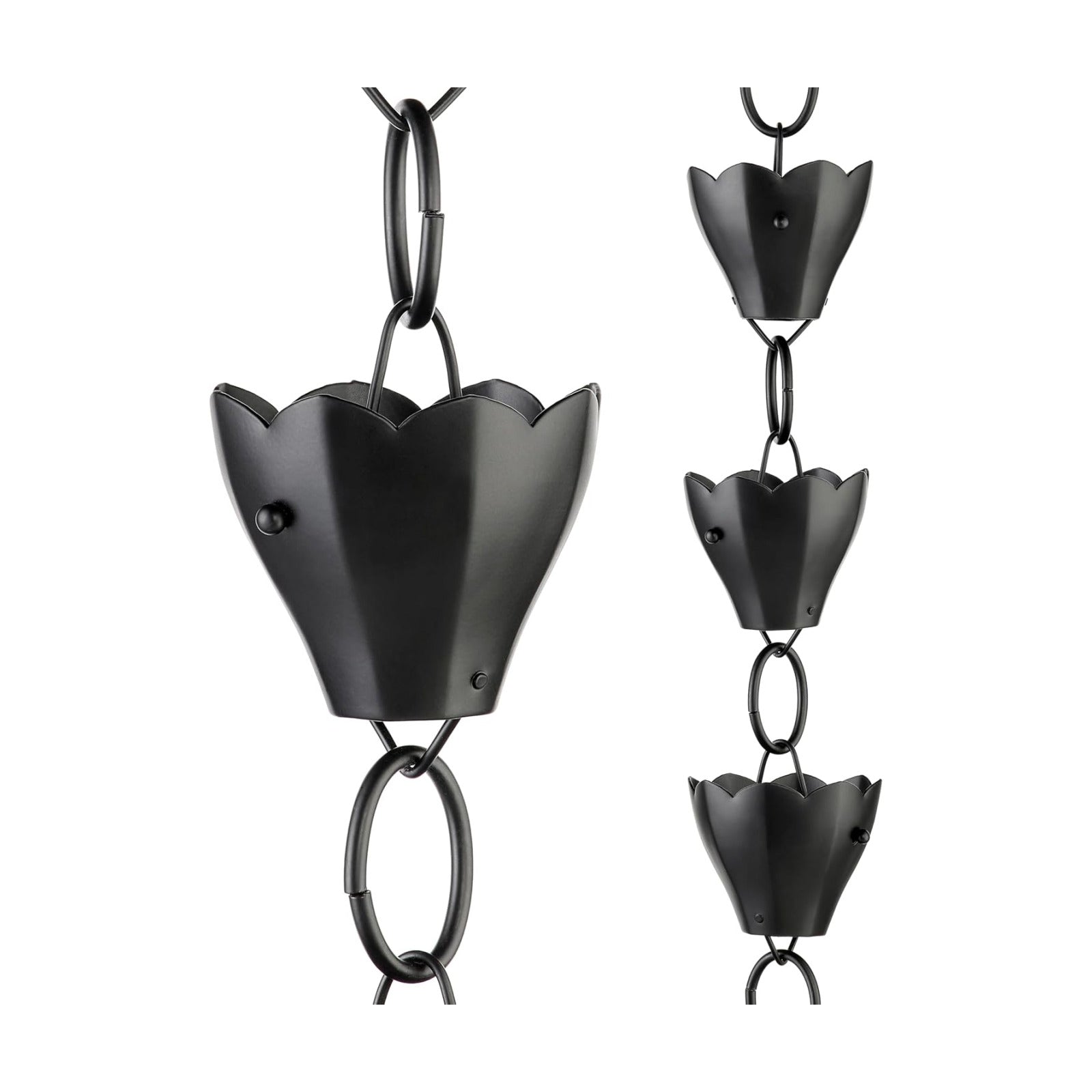 13 Cup Tulip Black Aluminum 8.5 ft. Rain Chain with Gutter Installation Clip by Good Directions