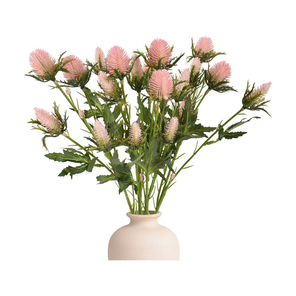 Artificial Thistle Spray Eryngium Flowers 2pcs Artificial Real Touch Eryngium Artificial Sea Holly Flowers for Wedding Bridal Bouquet Wreath Table Centerpiece Outdoor Decor (Pink)