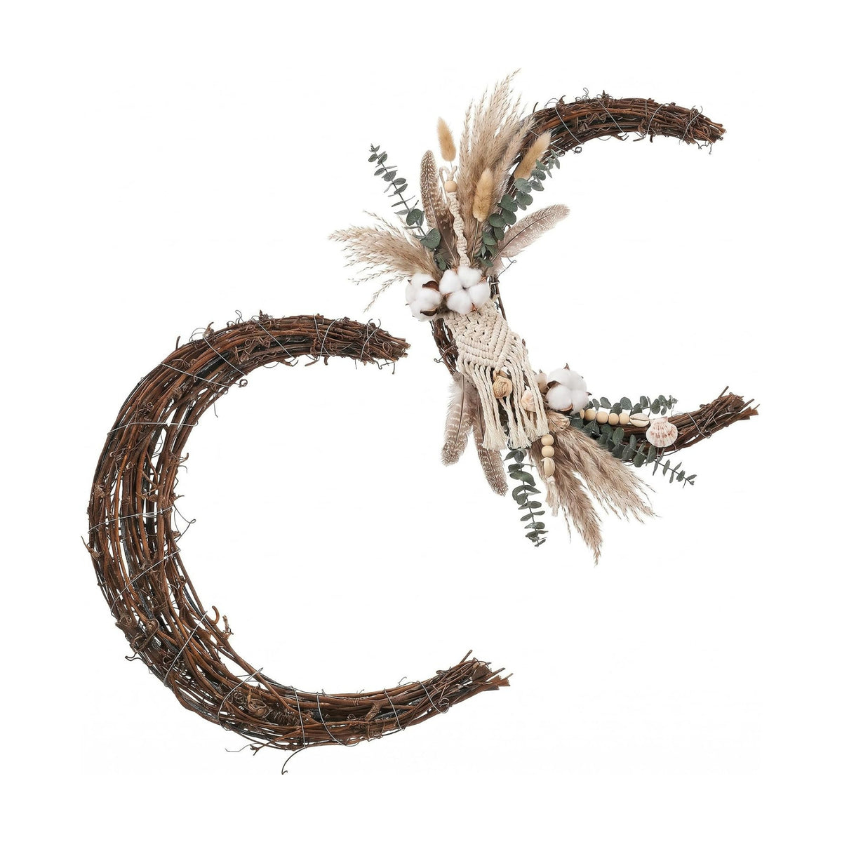 Veemoon 2pcs Moon Rattan Wreath, Small Natural Grapevine Garland DIY Crafts Plant Vine Wreath Front Door Vine Branch Half Moon Frame Wired Macrame Door Decor for Christmas Wedding Party, 9.8 Inch