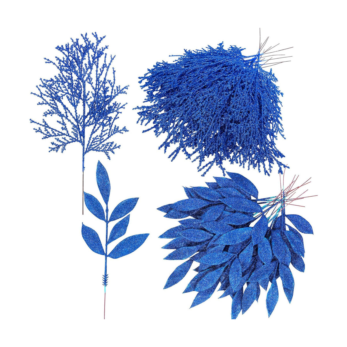 Winlyn 30 Pcs Christmas Artificial Leaf Sprays Cedar Picks Blue Glittered Christmas Tree Ornaments Winter Floral Stems for Blue Christmas Tree Wreaths Centerpieces Holiday Seasonal Wedding Decoration