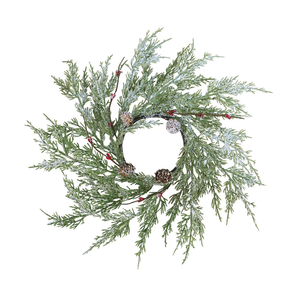 Winlyn 4 Pcs Artificial Snowy Cedar Pine Candle Rings Christmas Candle Holder Rings Wreaths with Pine Cones Red Pip Berries Mini Winter Wreaths 15.7" Wide for Farmhouse Christmas Winter Holiday Décor
