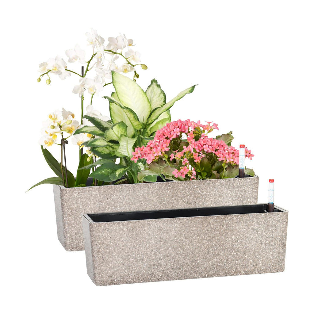 Elongated Self Watering Planter Pots 2-Pack Window Box 5.5 x 16 inch Indoor Home Garden Modern Decorative Pot for All
