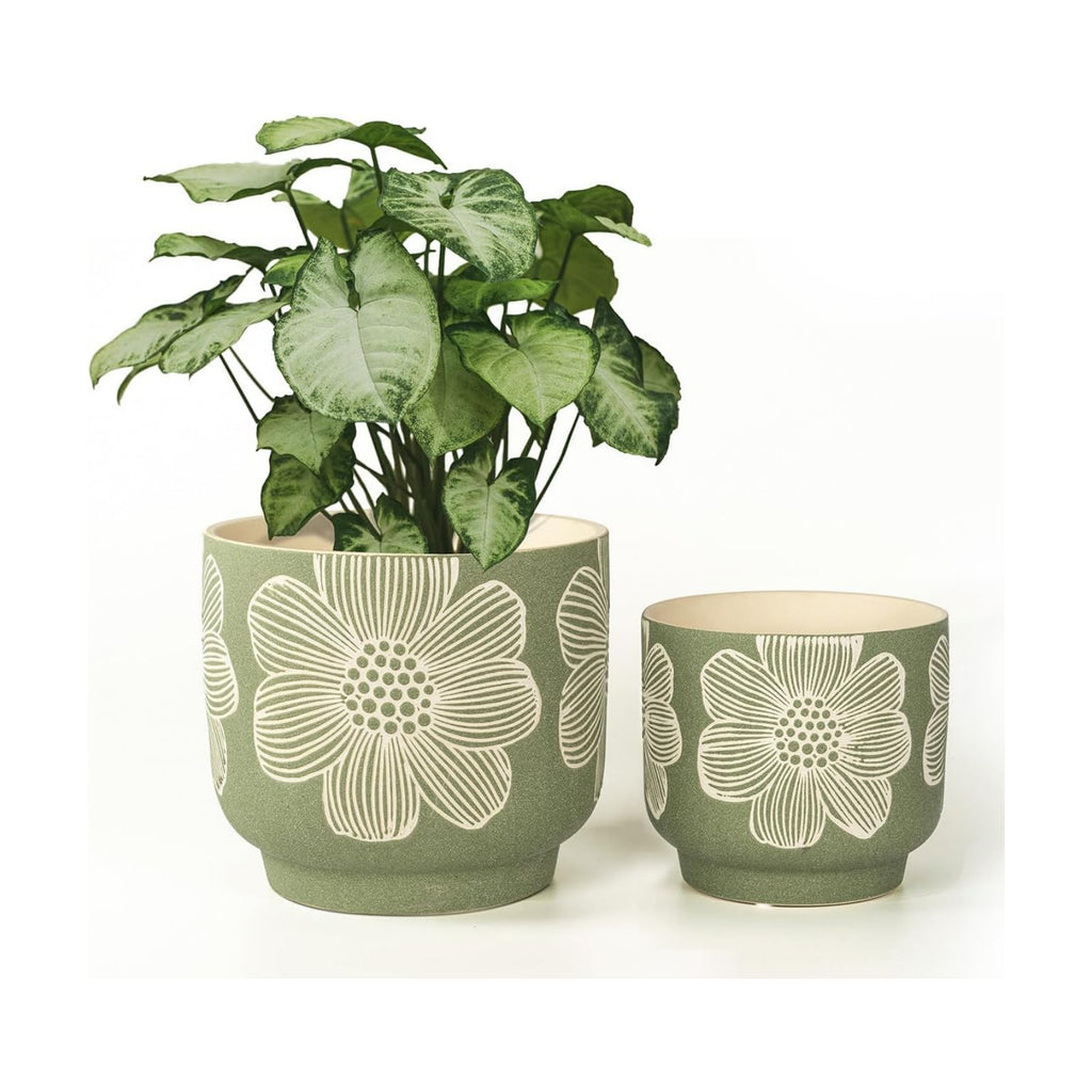 Ceramic Plant Pots, 8+6 Inch, 2 Pcs Indoor Planters with Drainage Holes | Green sand-glazed ceramic planters with