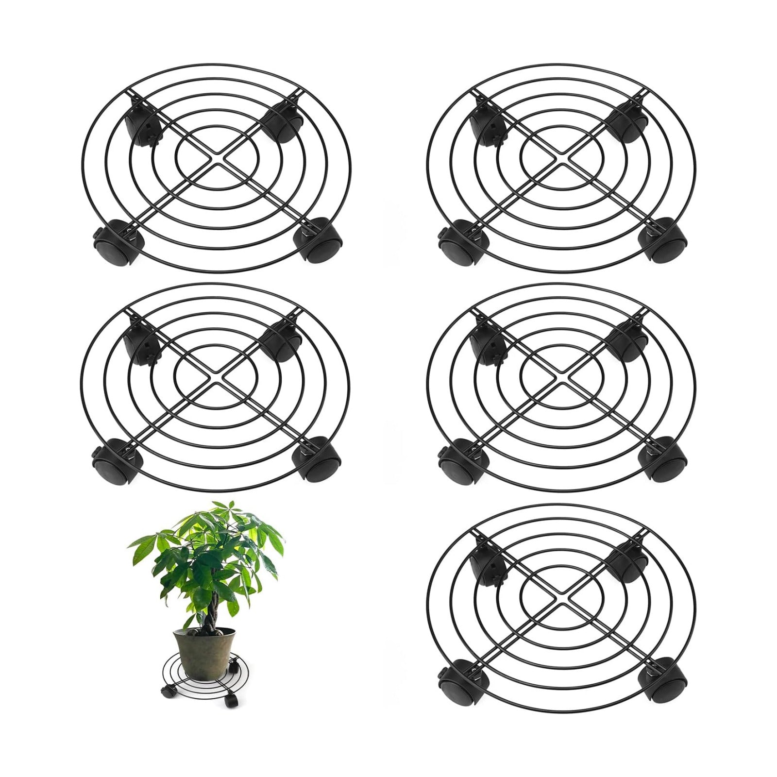 5 Pack 10.6 Inch Metal Plant Caddy with wheels, Heavy Duty Plant Dolly for Indoor and Outdoor Large Potted Plants, Black