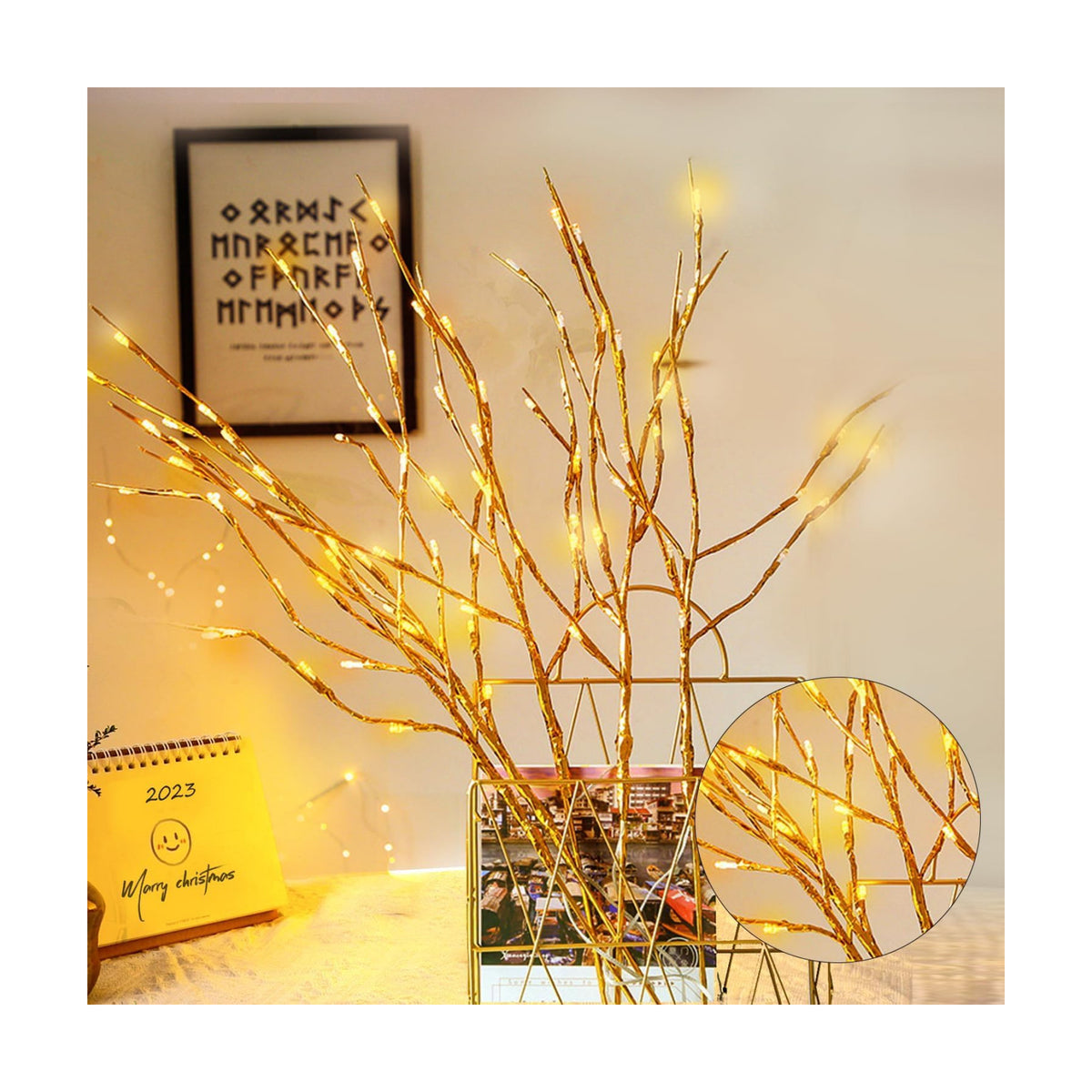 DK177 2 Pack Led Branch Light Battery Operated Lighted Branch Vase Filler Willow Tree Artificial Little Twig Power Golden 30 Inch 20 LED for Home Romantic Decoration (Gold-Warm White)