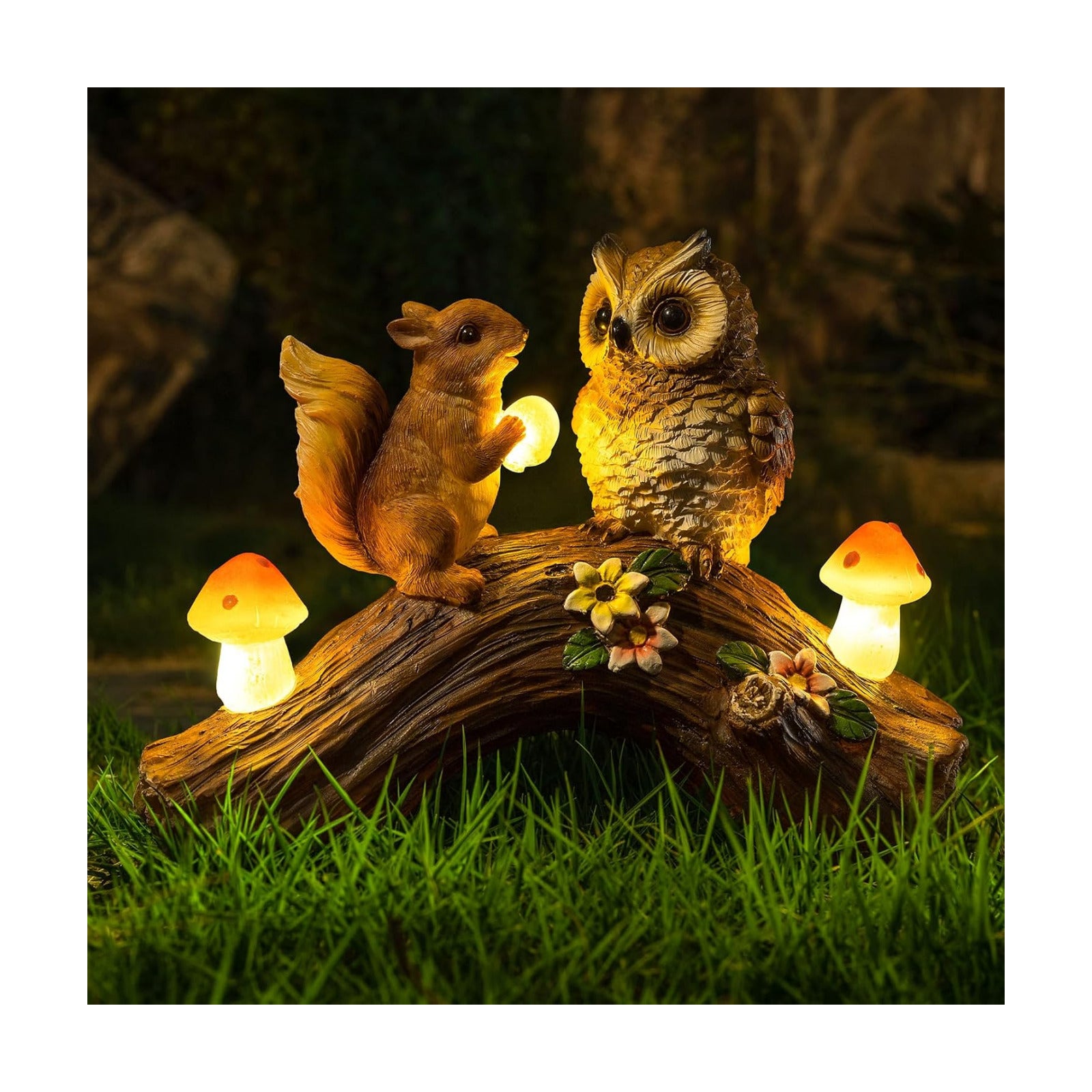 Solar Owl Garden Statues Outdoor Decor Resin Owl Squirrel Figurine with Mushroom Lights for Patio Lawn Yard Decorations