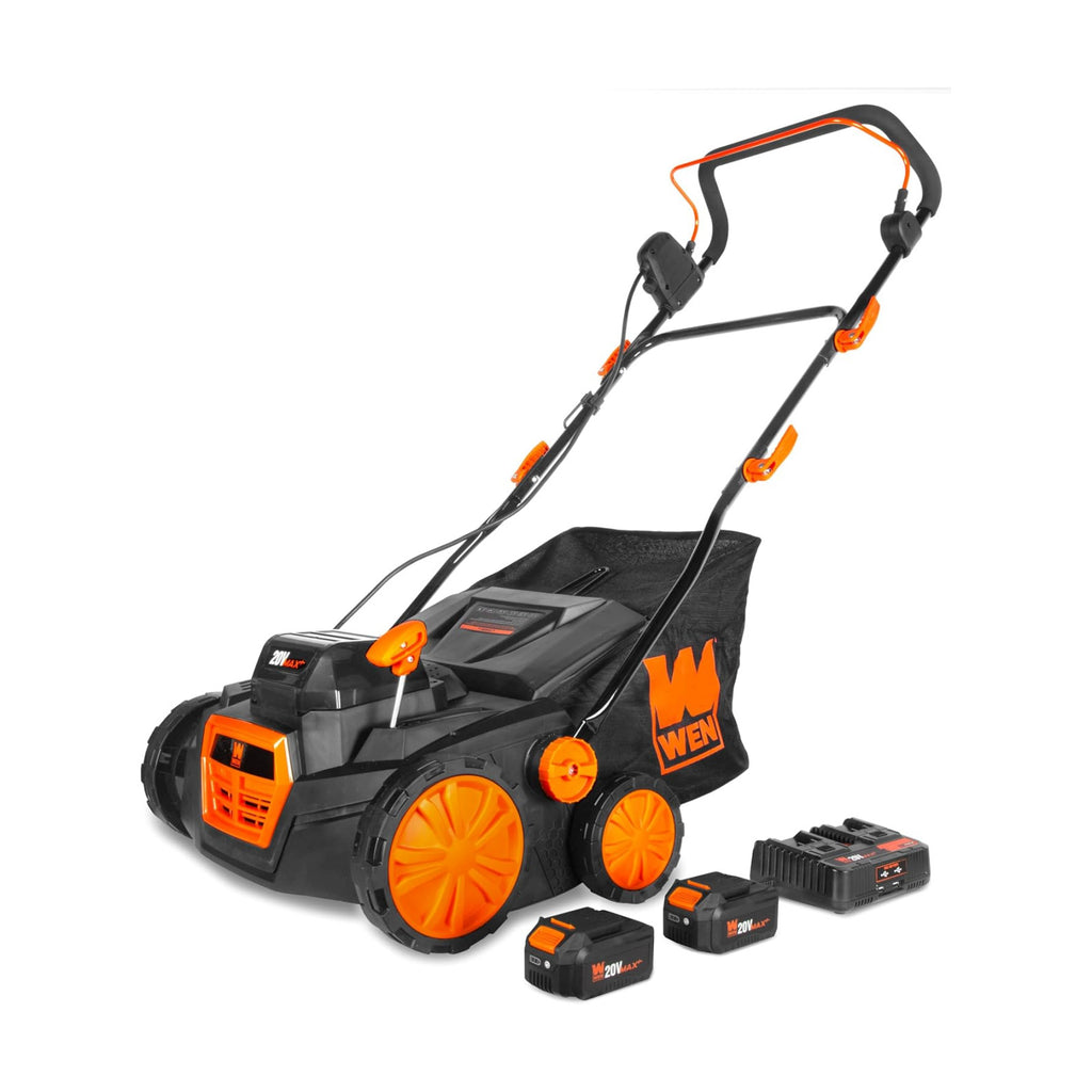 WEN 20V Max Cordless 15-Inch 2-in-1 Brushless Electric Dethatcher and Scarifier with Collection Bag, Two 4.0 Ah
