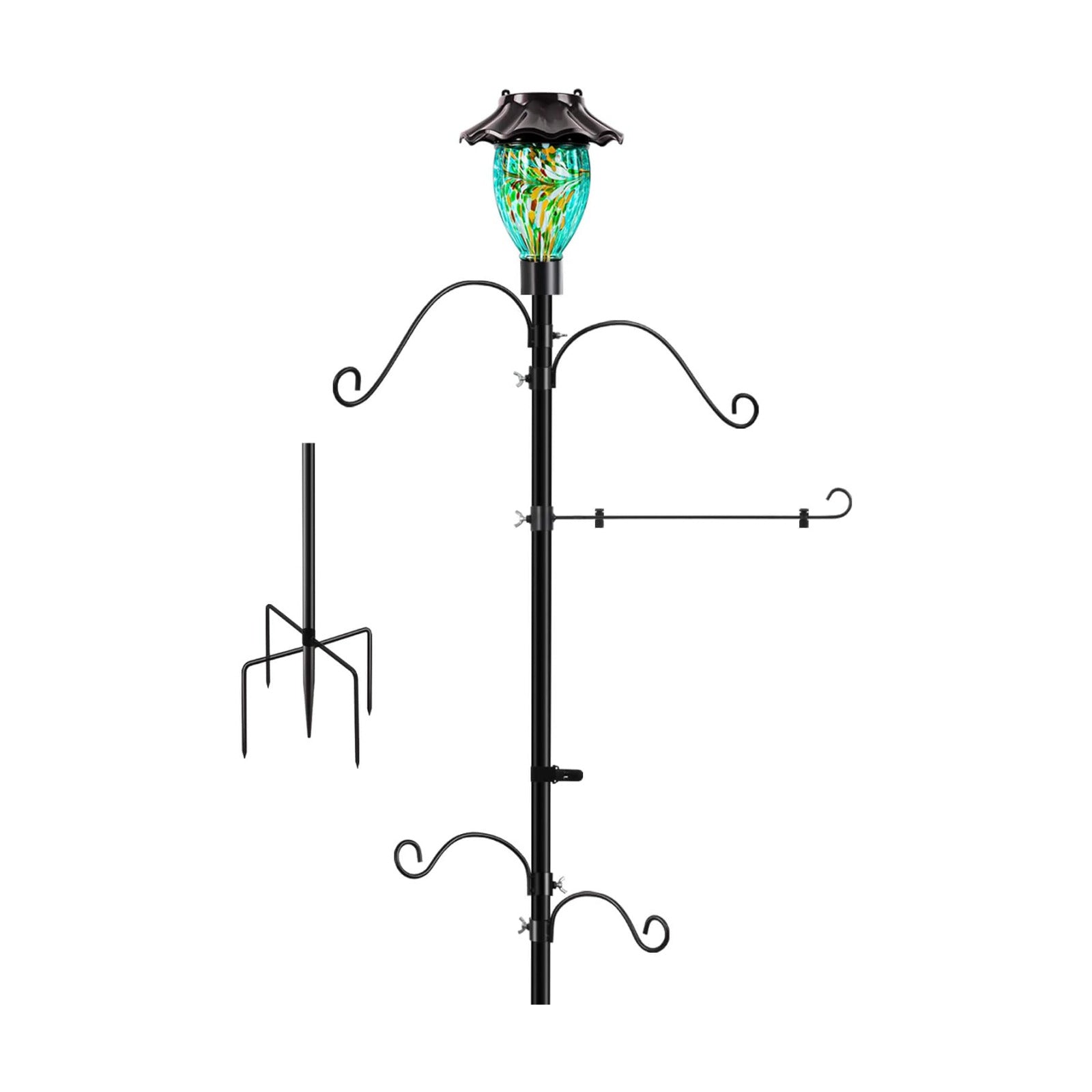 LUJII Solar Shepherds Hooks for Outdoors, Bird Feeder Pole with 4 Adjustable Hangers and 1 Flag Holder, Garden Stand