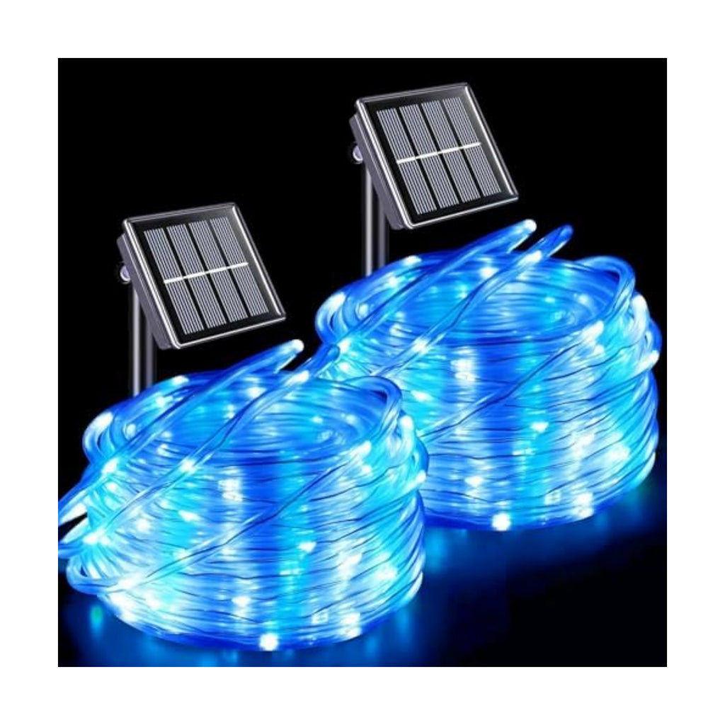 QITONG Blue and White Solar Rope Lights Outdoor, 2 Pack Each 33ft 100 LED String Light, Fairy Lights in Clear Thin Tube with 8 Modes