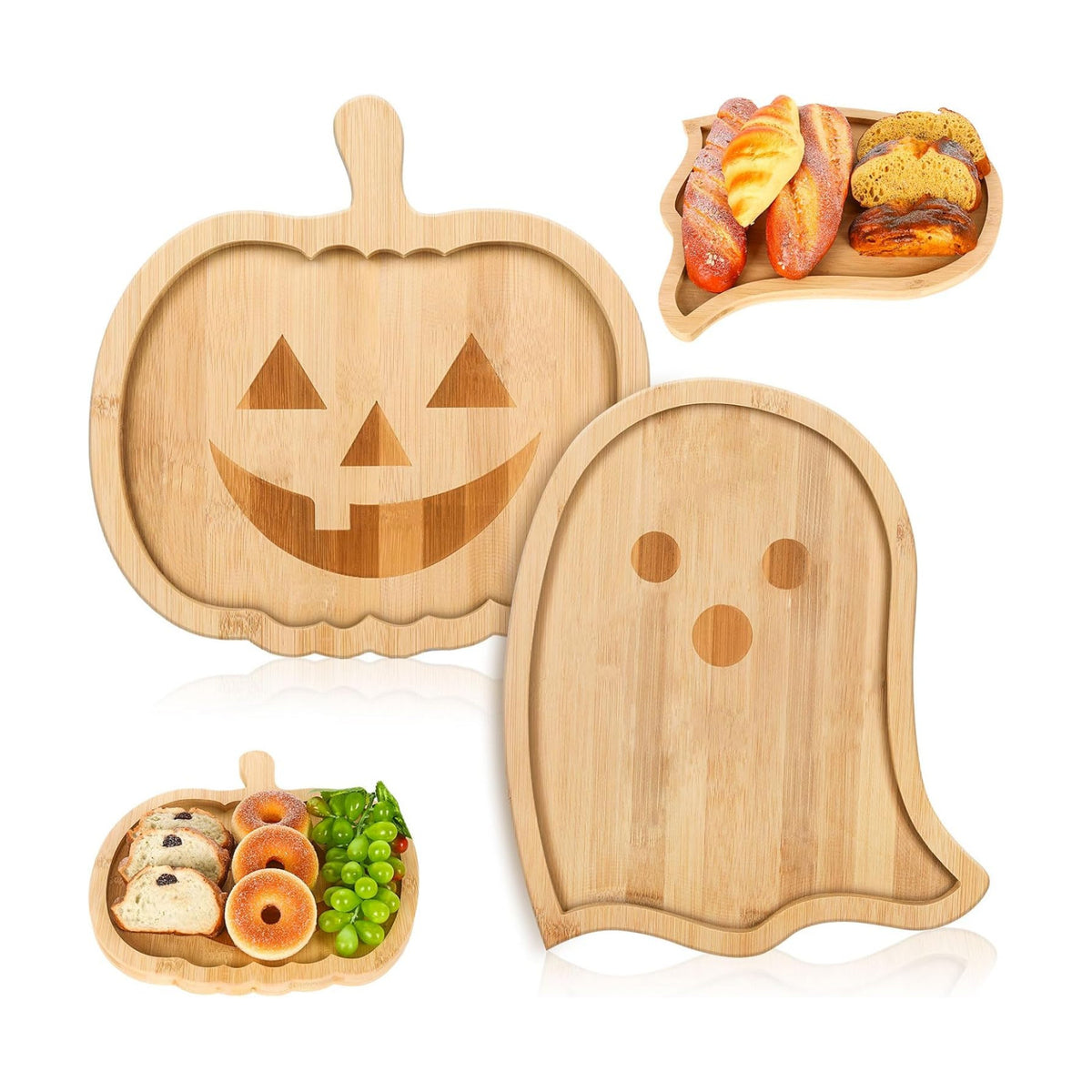 Whaline 2Pcs Halloween Charcuterie Board Pumpkin Ghost Serving Trays Bamboo Cheese Platter Tray Appetizer Boards Party Serving Platters for Home Party Dinnerware Supplies