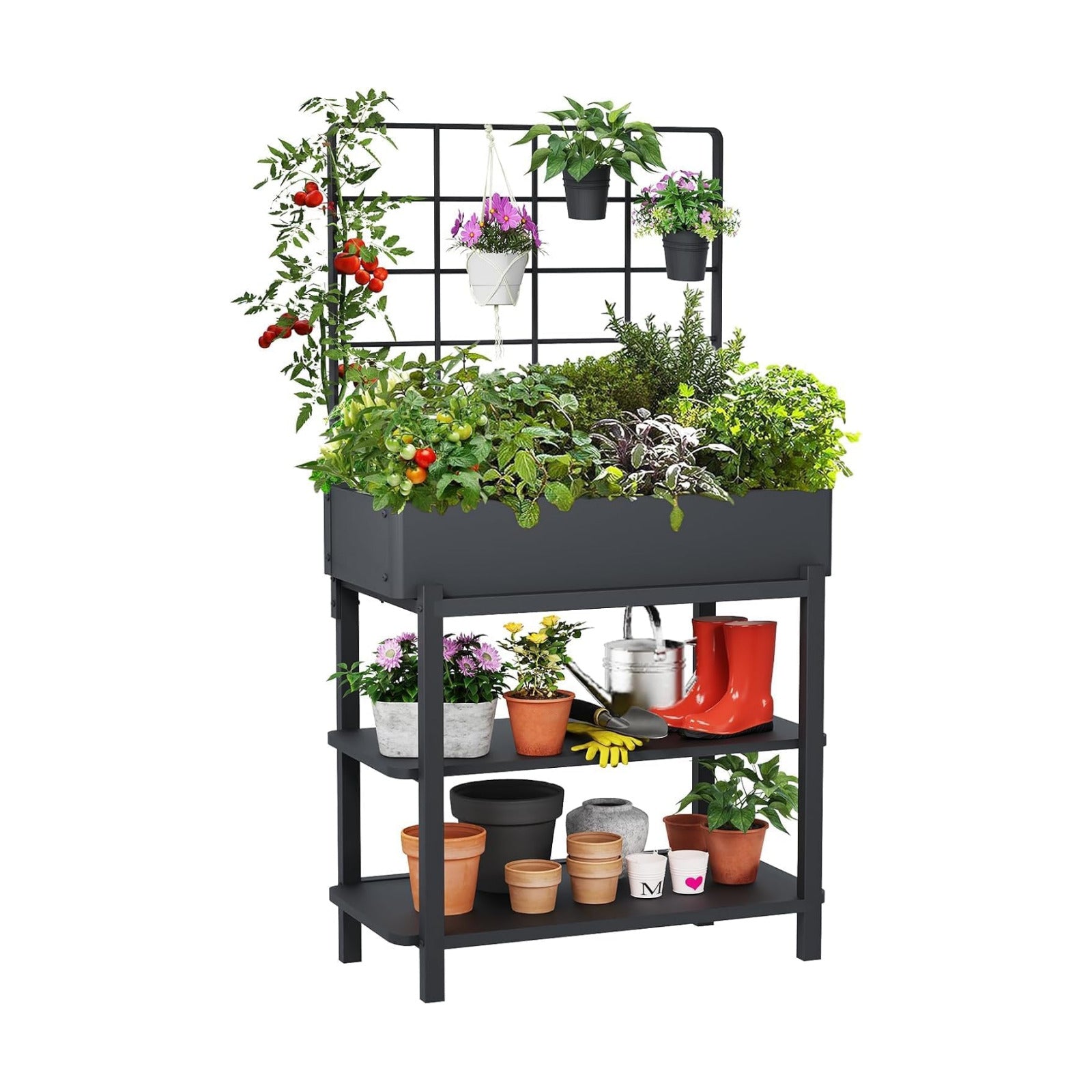 Metal Raised Garden Bed with Trellis & Legs | 2-tier shelf, 3 flower pots, 36" tall no-bend, rust-resistant, ideal for