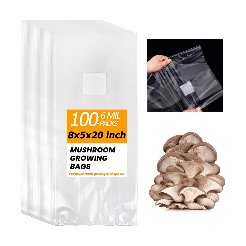 100PCS Mushroom Planting Kit - 8"5"20" Thickened Growing Bags, 6 Mil Thick Durable, Tear Resistant, 0.2 Micron Porosity