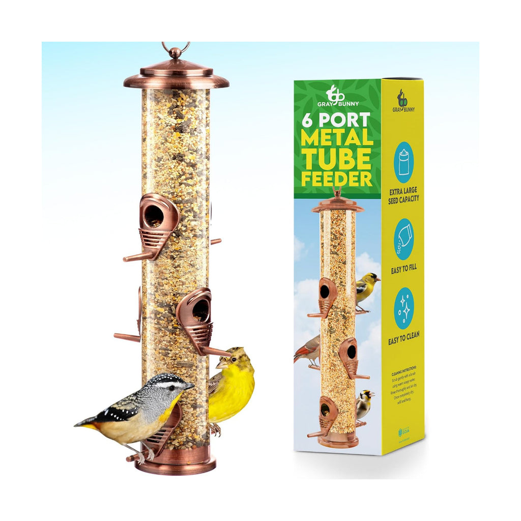 Gray Bunny Squirrel Proof Bird Feeders for Outdoors 6 Port Metal Tube