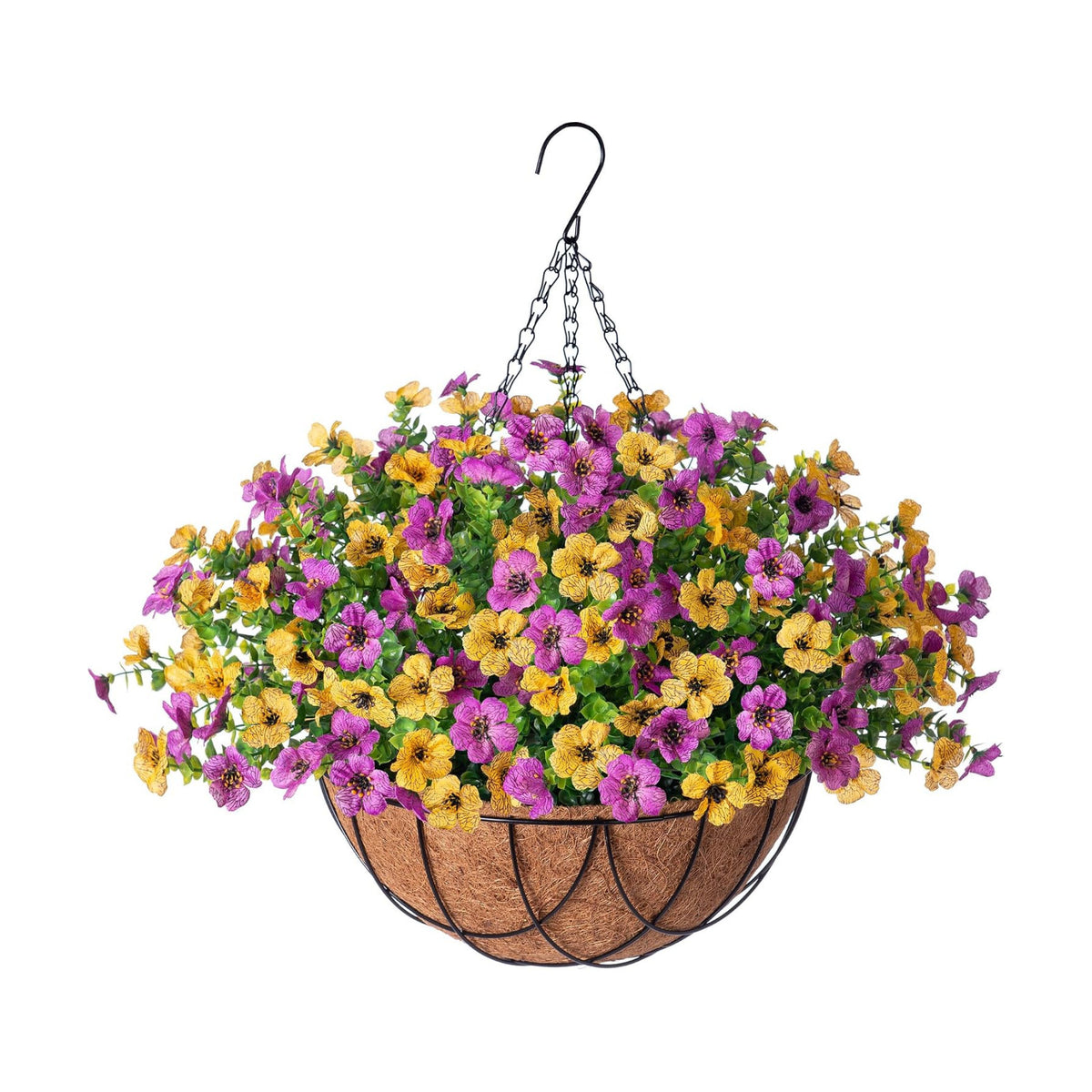 INXUGAO Artificial Silk Spring Flowers Hanging Basket for Outdoor Indoor, Daisy with Eucalyptus Leaves Arrangement for Yard Decor, Faux Green Plant in Metal Coconut Lining Pot(Purple Yellow)