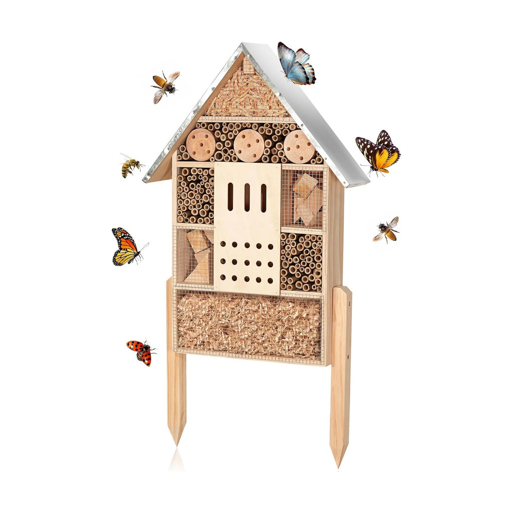 antiai Extra Large Wooden Insect House with Stakes,Wood Mason Bee Butterfly House,Insect Hotel,an Outdoor Bamboo